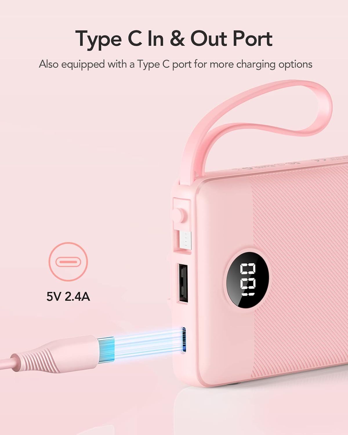 VRURC Portable Charger Power Bank, Built-in 4 Cables & 2 Ports,10000mAh Slim Battery Pack with LED Display, Travel Essential USB C Portable Phone Charger for All Cell Phones Devices-Pink(1 Pack) - Image 3