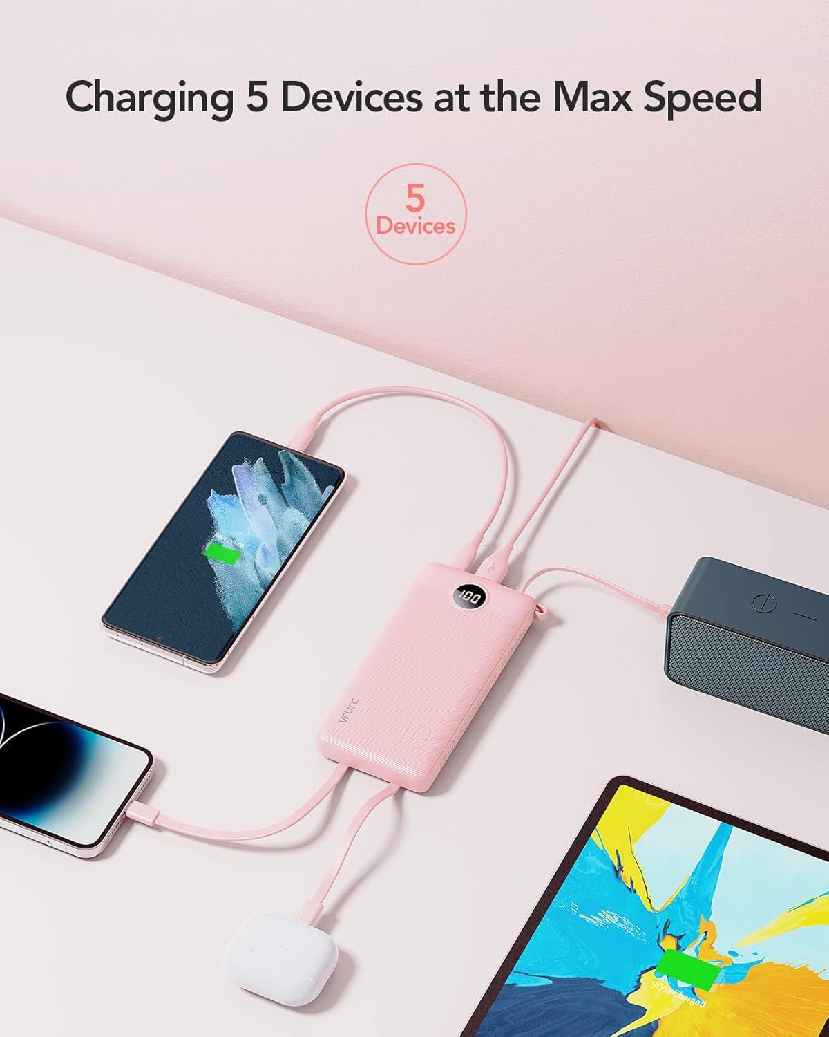 VRURC Portable Charger Power Bank, Built-in 4 Cables & 2 Ports,10000mAh Slim Battery Pack with LED Display, Travel Essential USB C Portable Phone Charger for All Cell Phones Devices-Pink(1 Pack) - Image 4