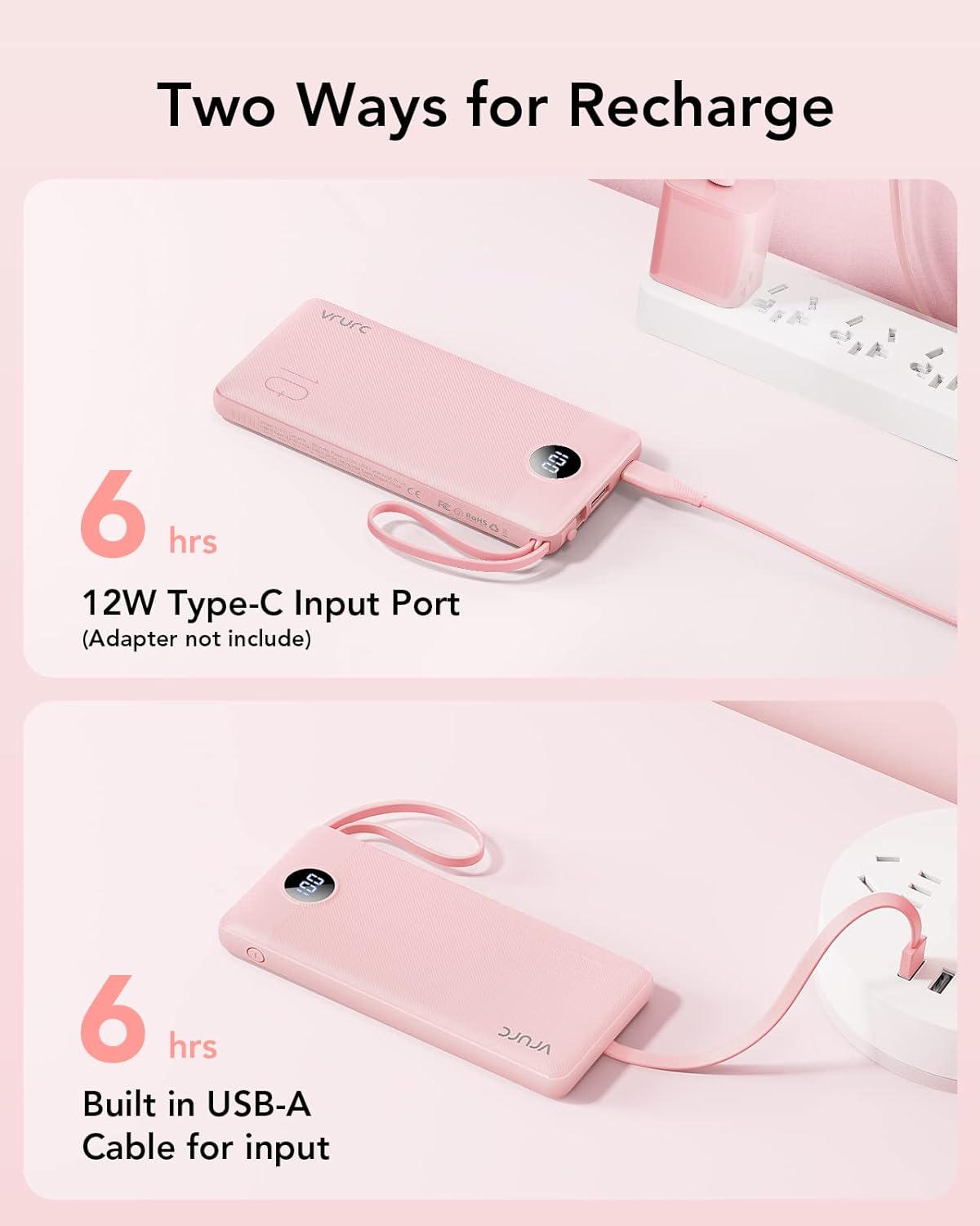 VRURC Portable Charger Power Bank, Built-in 4 Cables & 2 Ports,10000mAh Slim Battery Pack with LED Display, Travel Essential USB C Portable Phone Charger for All Cell Phones Devices-Pink(1 Pack) - Image 6