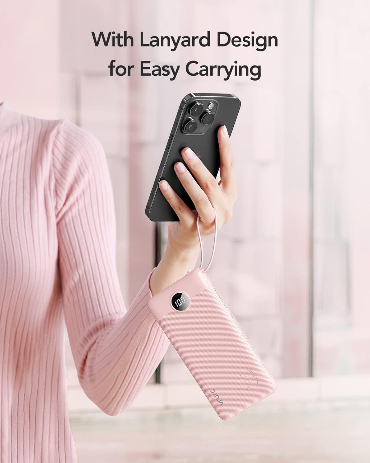 VRURC Portable Charger Power Bank, Built-in 4 Cables & 2 Ports,10000mAh Slim Battery Pack with LED Display, Travel Essential USB C Portable Phone Charger for All Cell Phones Devices-Pink(1 Pack) - Image 7