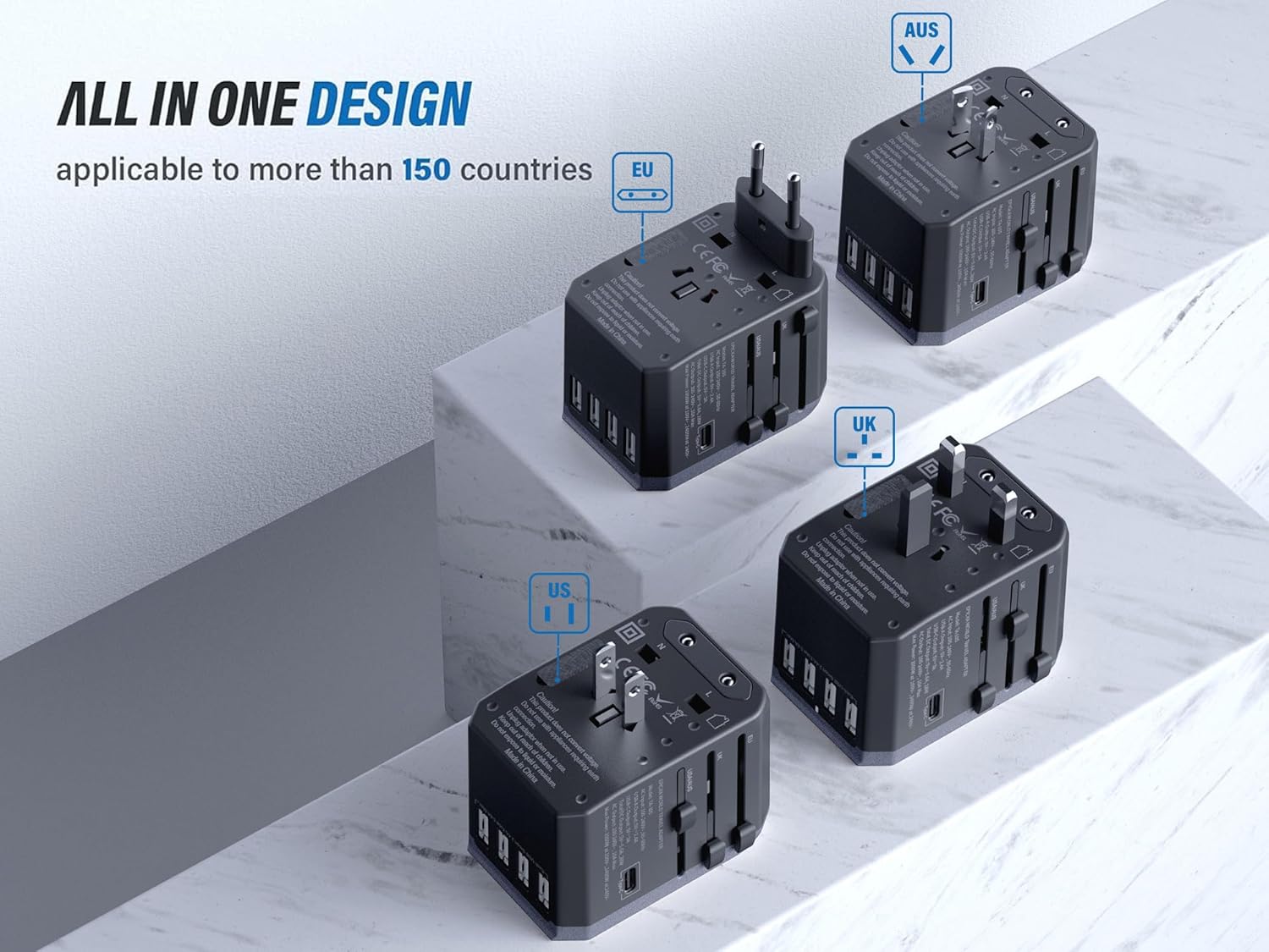 EPICKA Universal Travel Adapter, European Travel Plug Adapter (Not a Voltage Converter) - International Power Adapter Worldwide Charger with USB-C & 4 USB-A Ports, Travel Essentials (TA-105, Grey) - Image 4