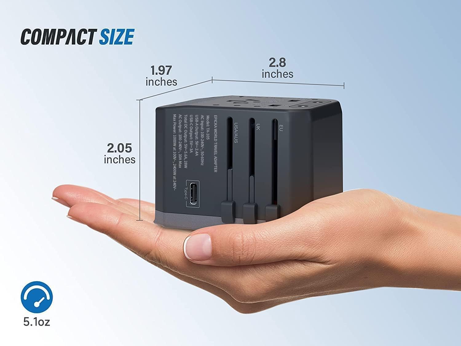 EPICKA Universal Travel Adapter, European Travel Plug Adapter (Not a Voltage Converter) - International Power Adapter Worldwide Charger with USB-C & 4 USB-A Ports, Travel Essentials (TA-105, Grey) - Image 6