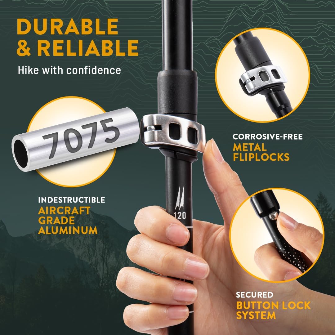 Premium Foldable Hiking Poles by USA Brand - Adjustable, Lightweight Trekking Poles Made of Aircraft Aluminum, Metal Locks Cork EVA Grips - Image 3